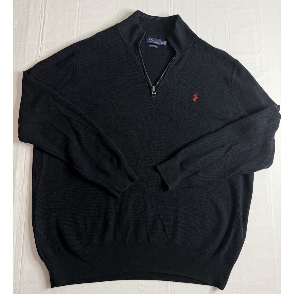 Polo Ralph Lauren Men's 2XB Pima Cotton Quarter Zip Sweater Black Red Pony Logo